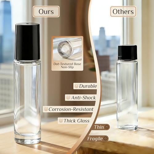 PrettyCare 4 Pack, 10 ml Essential Oil Roller Bottles with Stainless Steel Roller Ball - Refillable Leak-proof Empty Thick Clear Glass Roll on Bottles with Black Caps for Travel, Perfume - color: Clear with Black Cap, size: 4 Pack