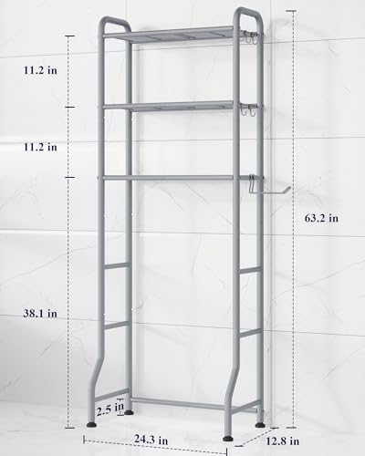 Kitsure Over Toilet Storage Rack, 63.2" H Space-Saving, Holder & Hooks | Bathroom, Laundry Room, Small Spaces, Families, Durable Metal, Grey, 3 Tier - color: Grey, size: 3 Tiers (63.2"H)