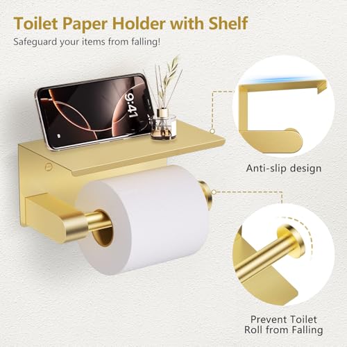 TQKAG 5 Piece Bathroom Towel Bar Holder Sets Brushed Gold Bathroom Hardware Set Stainless Steel Toilet Paper Holder with Shelf Bathroom Accessories Kit Wall Mounted - color: Brushed Gold, size: 5-Pieces Set-A
