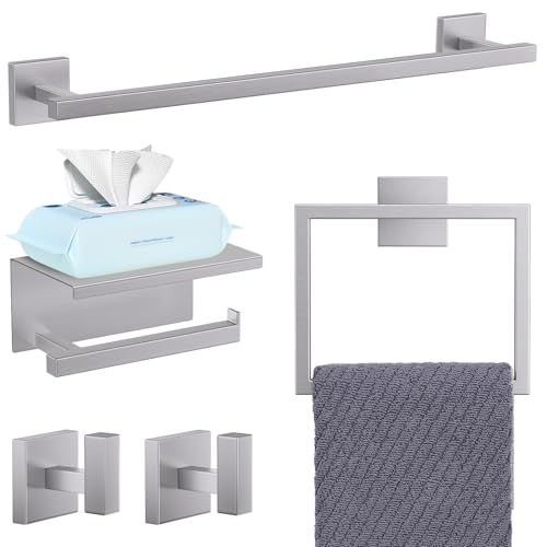 YACVCL 5-Pieces Brushed Nickel Bathroom Hardware Accessories Set Towel Bar Set Upgraded Toilet Paper Holder with Shelf Stainless Steel Wall-Mounted Bathroom Hardware Set 23.6 Inch - color: Brushed Nickel, size: 5Pcs