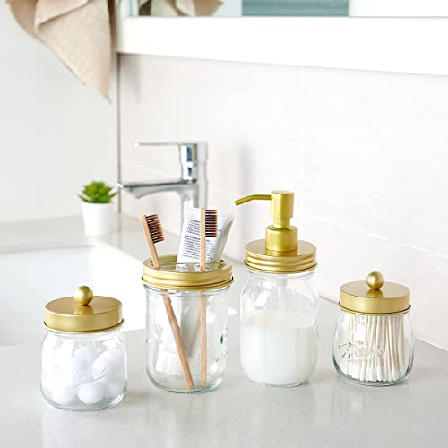 Amolliar Mason Jar Bathroom Accessories Set(4 Pcs) -Lotion Soap Dispenser & 2 Cotton Swab Holder & Toothbrush Holder-Rustic Farmhouse Decor, Countertop Vanity Organize, Bathroom Home Decor (Gold) - size: Gold, style: Standard-mouth