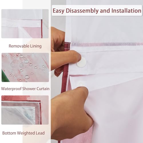 No Hook Floral Shower Curtain and Liner Set 71x74inch | Pink Poppy Flower Pattern, Modern Waterproof Fabric Breathable Mesh Top Bath Curtain for Farmhouse Bathroom, Hotel Decor - color: Pink