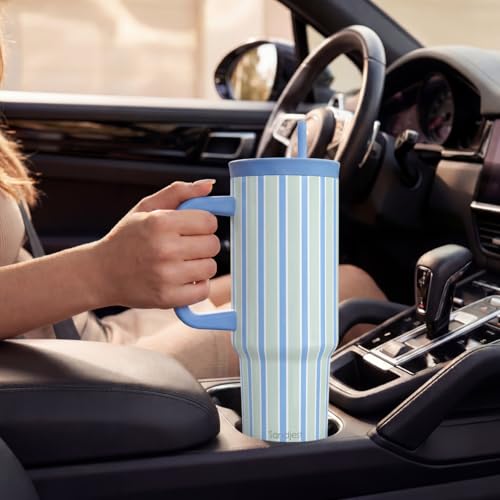SANDJEST Stripe Stainless Steel Locking Lid Silicone Straw Tumbler with Handle 40oz, Insulated Stainless Steel Travel Cup for Women Girls Friends, Gift Idea for Birthday Summer Vacation (Blue Mint) - color: Blue Stripes