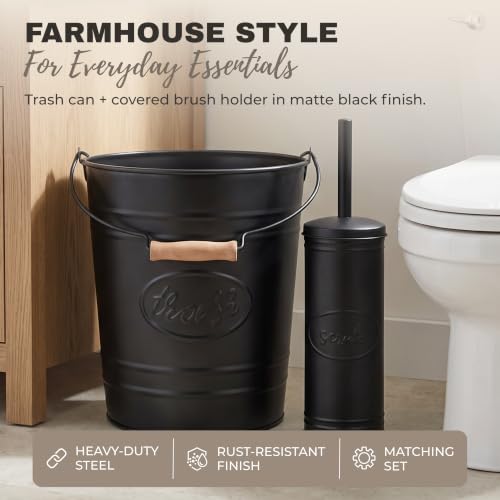 Autumn Alley Farmhouse Bathroom Trash Can and Toilet Brush Set - Rustic Bathroom Accessories for Charming Bathroom Décor, Matte Black Heavy Gauge Metal - color: Matte Black