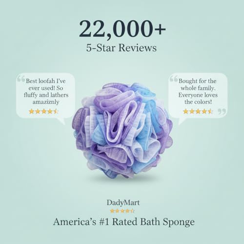 DadyMart Shower Loofah Sponge Pouf – XL Exfoliating Bath Puff Body Scrubber, Soft Mesh Shower Sponge with Reinforced Knot, Rich Lather, Set of 4 for Women and Men - style: Flower