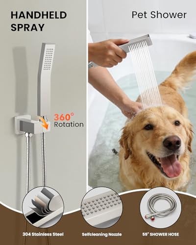 gotonovo Shower System with Tub Spout,Waterfall Tub Shower Faucet Set for Bathroom Head and Handle Set Wall Mounted 3 Function Rough-in Valve and Trim Included 10 inch Shower Head Brushed Nickel - color: Brushed Nickel, size: 10 inch Shower Head