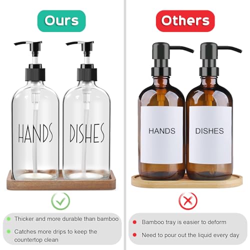 ALELION Glass Soap Dispenser with Pump - 16 OZ Clear Dish and Hand Soap Dispenser Set with Acacia Wood Tray for Kitchen Bathroom - Modern Liquid Pump Bottles - color: Clear