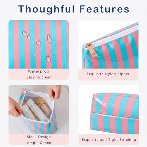 RSRSLEII Large Waterproof Travel Stripe Makeup Bag,Aesthetic PVC Toiletry Bag,Coquette Cosmetic Bag Organizer,Cute Preppy Carry-on Travel Accessories Essentials for Women Girls(02Pink Blue) - color: 02Pink Blue