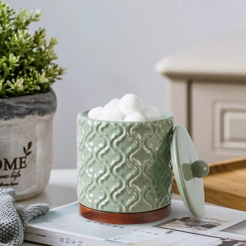RQYIXI Elegant 5 PCS Ceramic&Wood Bathroom Accessories Set:Soap Dispenser,Toothbrush Holder,Tumbler,Soap Dish,Cotton Swab Jar,Easy to Clean,Quatrefoil Pattern,Green-Affordable Home Luxury - color: Green-5pcs