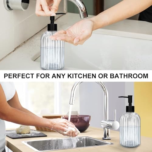 Pack of 2 Glass Soap Dispenser with Black Pump, 400 ml Refillable Pump Dispenser for Kitchen, Bathroom, Laundry Room, Liquid Glass Bottle for Washing Up Liquid, Shampoo, Conditioner (Clear) - color: White
