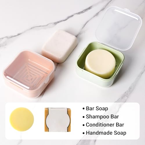 Adorila Small Travel Soap Case with Removable Drain Tray, 2 Pack | Shampoo Conditioner Bar Holder, Shatterproof PP Plastic, 3.1 in x 3.1 in Footprint, Light Green+Peach Pink - color: Light Green+peach Pink