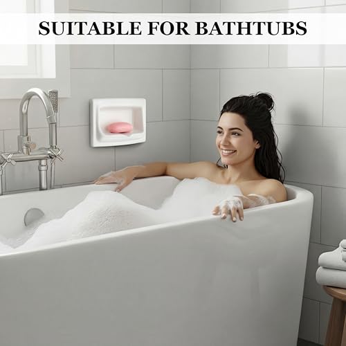 1 Pcs 9.8 x 6.5 White Vintage Recessed Ceramic Soap Dish for Shower Wall, Space-Saving, Large Retro Ceramic Soap Holder, Self-draining Built-in Holder for Bathroom & Laundry Keep Dish Dry - style: Recessed
