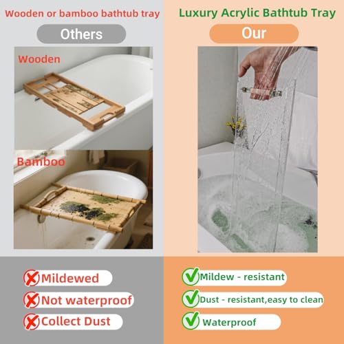 Bath Tub Tray,Clear Bathtub Tray for Luxury Bathroom – Waterproof Bath Caddy with Sleek Surface –No Assembly– Easy Cleaning Bathtub Organizer for Spa Relaxation (31") - style: 31" Tray With Gold Handles