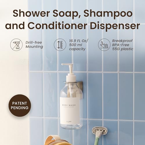 Shampoo and Conditioner Dispenser Wall Mounted Set of 1 Clear - No Drill Shower Soap Dispenser for Bathroom Refillable - Spa Hotel Style Accessories by MaisoNovo - color: Clear Set of 1