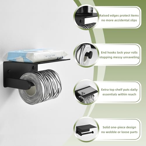 Toilet Paper Holder with Phone Shelf, APLusee SUS 304 Stainless Steel Bathroom Tissue Holder, Wall Mounted Roll Paper Dispenser, Matte Black - color: Matte Black, size: Single Rod