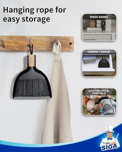 MR.SIGA Mini Dustpan and Brush Set, Portable Cleaning Brush and Dustpan Combo with Bamboo Handle, Black, 1 Set - color: Black