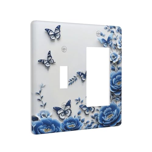 Light Switch Cover Plate Blue Peony Flowers Butterfly Vintage Floral 2 Gang Combo Wall Plates Toggle Rocker Decorative Switch Plates and Outlet Covers for Bathroom Bedroom Decor - color: Blue Peony Flowers Butterfly Vintage Floral, size: 1 Toggle 1 Rocker