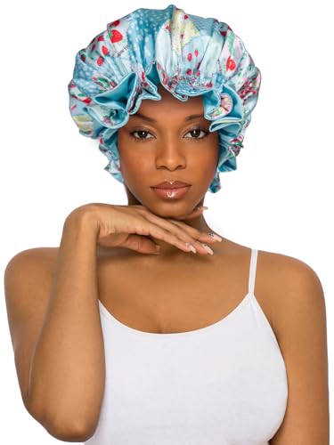 Floral Satin Bonnet with Scrunchie Set,Double Layer Ruffle Reusable Sleeping Shower Cap for Curly Hair Blue-strawberries - color: Blue-strawberries