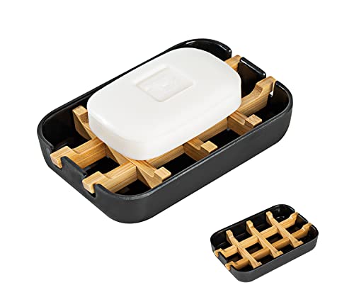 Modern Removable Soap Holder, Bamboo Fiber Sponge/Soap Dishes for Kitchen/Bathroom/Shower Room, Black - color: Black