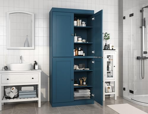 Palace Imports Solid Wood Tall Bathroom Pantry Cabinet with 4 Shaker Doors & Adjustable Shelves, Teal Blue - 100% Eco-Friendly, Renewable, Space-Saving Storage, 71.5" H x 32" W, Made in Brazil - color: Teal Blue