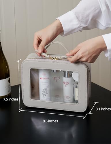 Popvibe Clear Makeup Bag Toiletry Case Travel Transparent Cosmetic Bag with Zipper, Portable Make Up Organizer Traveling Compact Car Bag for Essentials, Beige Grey - color: Beige Grey, style: Large Luxe