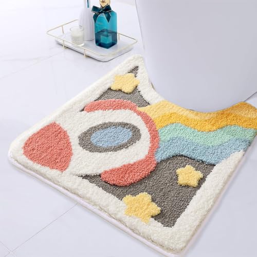 Cute Toilet Rug U Shaped, Microfiber Bathroom Toilet Rugs Non Slip Bath Mat Toliet Rug Machine Washable Absorbent Bathroom Rugs 20 x 22 Inches, Spaceship - color: Rocket