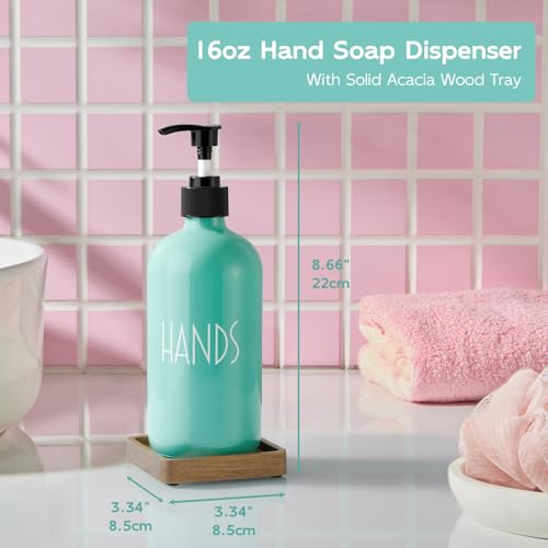 Turquoise Glass Hand Soap Dispenser with Acacia Wood Tray, 16 oz Refillable Hand Soap Pump Bottle, Decorative Teal Countertop Soap Dispenser Set for Kitchen, Bathroom, Restaurant - color: Turquoise-hand