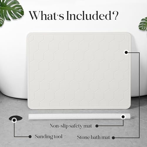 Diatomaceous Earth Stone Bathmat | Eco-Friendly XL Stone Bath Mat 18x24 Inch. Instant Dry Bathroom Mat with Sandpaper & Pads. Multiuse, Kitchen Counter & Stone Dog Bowl Mat (2, White) - color: White