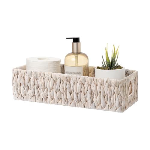StorageWorks Wicker Toilet Paper Basket for Back of Toilet Baskets, Water Hyacinth Bathroom Basket Organizer and Storage for Tank Topper, Small Tank Trays for Decor with Built-in Handles, White - color: White (Water Hyacinth), size: 14¼" L x 6¾" W x 3¾" H