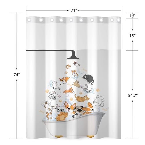 No Hook Shower Curtain and Snap in Liner Set, Cute Cartoon Cats & Dogs Bath Time Print Shower Curtains for Kids Pet Lovers Bathroom, Funny Waterproof Bath Curtain with Mesh Top, 71x74 Inch - color: Cat & Dogs