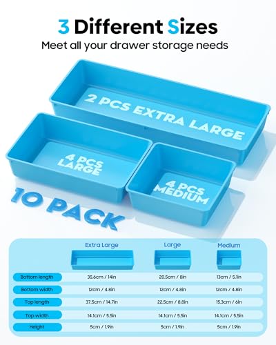 10 Pack Large Size Plastic Drawer Organizers Set, 3 Sizes Desk Drawer Organizer Trays, Storage Bins for Vanity, Makeup, Bathroom, Kitchen Utensils and Office (Blue) - color: Blue