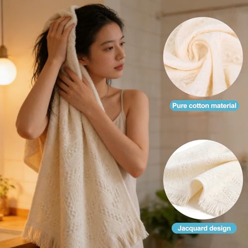 CoguZed 2 Pack Hand Towels for Bathroom 27.5x14 Inch Boho 100% Turkish Cotton Absorbent Soft Decorative Face Towel Set for Guest Bathroom Kitchen Farmhouse Decor Cream White