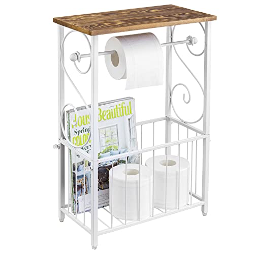 MyGift Toilet Paper Holder Stand with Shelf, Bathroom Table Stand Storage with Magazine Holder Basket, Scrollwork Design, White Metal - color: White
