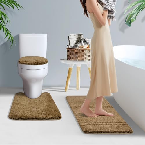 Bathroom Rugs Sets 3 Piece with Adjustable Toilet Seat Cover 17.5"x 15" Machine Washable Bath Rug Set with TPR Non Slip Rubber Backing Solid Bath Mat Set for Luxury Bathroom Decoration - color: Taupe