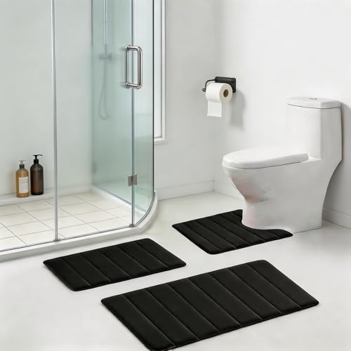 Bathroom Rugs Set Memory Foam Bath Rugs Non-Slip Bath Mat Set 3 Piece,Washable Bathroom Mats,Absorbent Shaggy Rugs Super Soft U-Shaped Toilet Rug,Bahroom Carpets for Bathroom,Tub,Shower（Black） - color: Black
