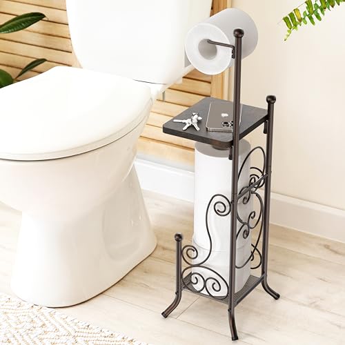 Simple Houseware English Style Bathroom Toilet Tissue Roll Holder Stand with Shelf, Bronze - color: Bronze, size: Wood Shelf - 29.2''H