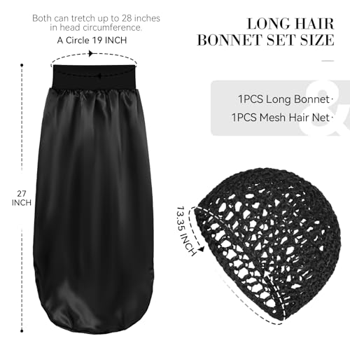 Long Hair Bonnet-Hair Wrap Net for Silk Press Set Braid Bonnet for Sleeping Extra Long Wrap Cap 2 Piece Set Anti Frizz Reusable Elastic Shower Cap for Braids, Curly (black net, black bonnet) - color: Black Net, Black Bonnet