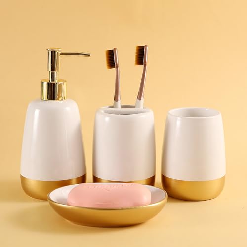 Elegant White with Gold Bathroom accesory Set 4pc,Toothbrush Holder soap Dispenser soap Dish Tumbler Cup for Bathroom Decor Morden Style (White 2) - style: WHITE 2