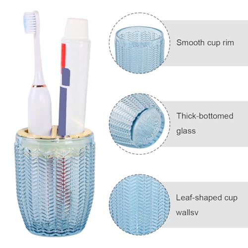 Toothbrush Holders for Bathrooms, Blue Glass Toothbrush Holder with Gold Divider, 10oz Bathroom Tumbler and Mouthwash Cup, Bathroom Storage Cup for Tooth Brush, Toothpaste and Makeup Brush
