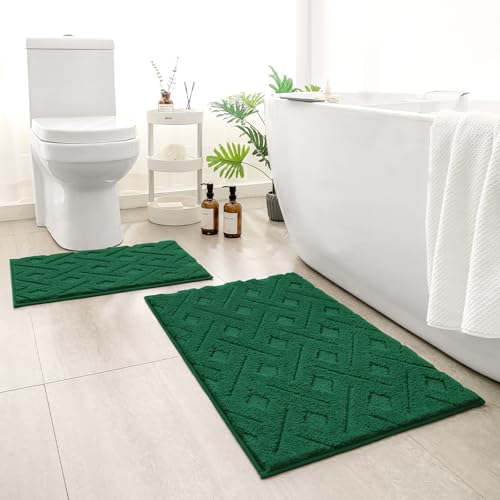HOMEIDEAS Dark Green Bathroom Rug Set 2 Piece, Soft Microfiber Tufted Bath Mats, Super Absorbent Non Slip, Machine Washable Bathroom Rugs for Tub, Shower and Floor, 20" x 32" Plus 16" x 24" - color: Dark Green