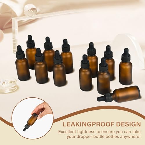 NOOEEISS 12 Pcs, 1oz Dropper Bottle, Amber Glass Eye Dropper Bottle, Tincture Bottles with Dropper, Pretty Finish, Leak-Proof Design, Stronger Suction for All Kinds of Mixed Liquids - color: Amber Frosted, size: 1oz-12Pack