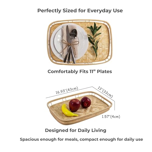PEMAR Wicker Serving Trays w Handles,Rectangular Hand-Woven Lap Trays,Bamboo Bedroom Trays,Cabin Trays for Foods & Drinks. Decorative Trays for Coffee Tables,Breakfast,Dinners,Bed Eating. 2 Pack Set - size: Standard (16.93"L x 13"W)
