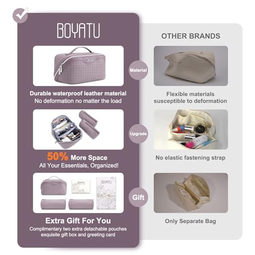 BOYATU Travel Makeup Bag Cosmetic Bags for Women: Large Capacity 3 Pcs Set Make up Bag with Compartments - Waterproof Vegan Leather Toiletry Organizer Bags with Handle (L55Light Purple) - color: L55Light Purple