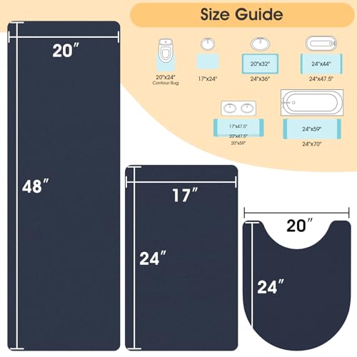 ACCUMTEK Non Slip Bath Mat, Thin Bathroom Rugs Fit Under Door, Quick Dry Bath Mats, Machine Washable Bath Rugs for Bathroom, Bathtub & Kitchen, Bathtub, Dark Blue/Solid/3 Piece - color: Dark Blue, size: 24"x17"+48"x20"+U Shape 24"x20"