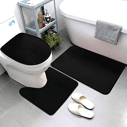 Bathroom Rugs Set 3 Piece Minimalist Solid Black Bath Rug Mat Set, Non Slip Absorbent Bathroom Decor Mat, Toilet Lid Cover & U Shaped Contour Rug - color: Black, size: 1'8" x 2'6" (Rectangular)