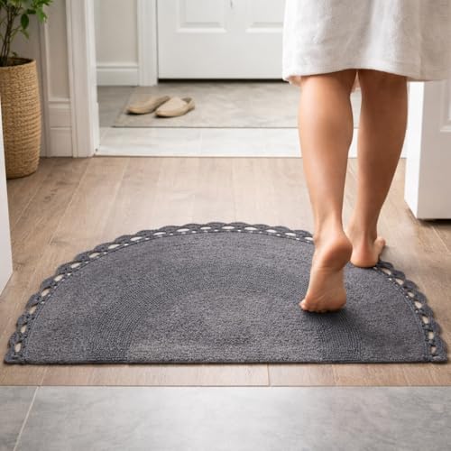 Half Moon Circle Bohemian Bathroom Rug with Handwoven Chrochet Border, Beautifully Handcrafted 100% Cotton Mat - 22x42", Round Boho Bedroom Rug, Boho Bathroom Décor, Machine Washable - Charcoal Grey - color: Charcoal Grey, size: 1'10" x 3'6" (Semicircular