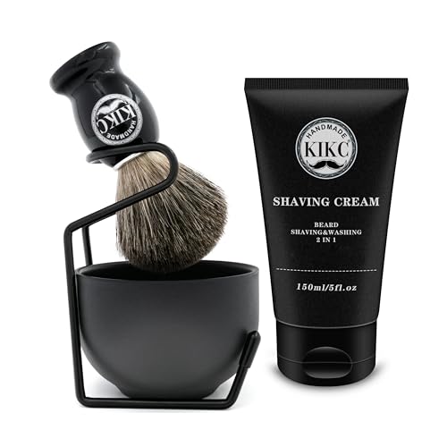 KIKC 5 in 1 Shaving Kit for Wet Shave, Set Includes Hand Crafted Pure Badger Shave Brush, Stainless Steel Lathering Soap Bowl, Shave Brush Stand, Shaving Cream, Best Gift for Bearded Man, Deluxe Black - color: black Stainless set