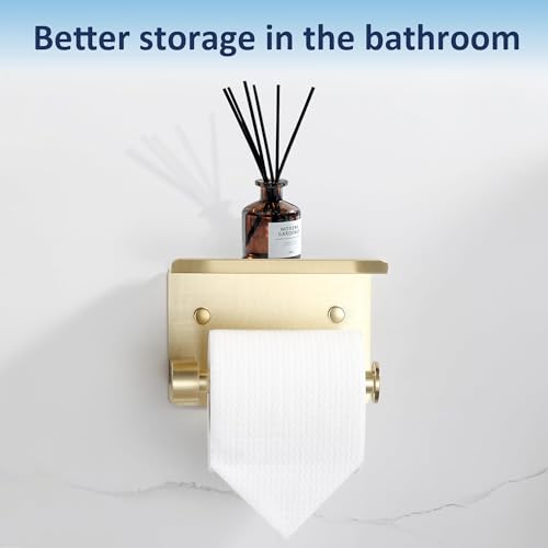 BGL Toilet Paper Holder with Shelf, Jumbo Roll Toilet Paper Holder for Large Rolls,Brushed Gold Adhesive Toilet Roll Holder for Bathroom，Renter Friendly Toilet Paper Holder - color: Gold