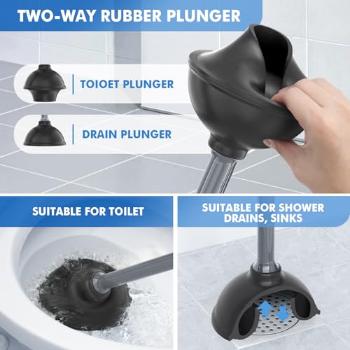 LOVLOY Toilet Plunger and Brush with Holder, Bowl Brush and Heavy Duty Toilet Plunger Set with Ventilated Holder, 2-in-1 Toilet Brush and Plunger Combo for 5.3-inch Toilet Drain New Pack (Grey, 1) - color: Gray