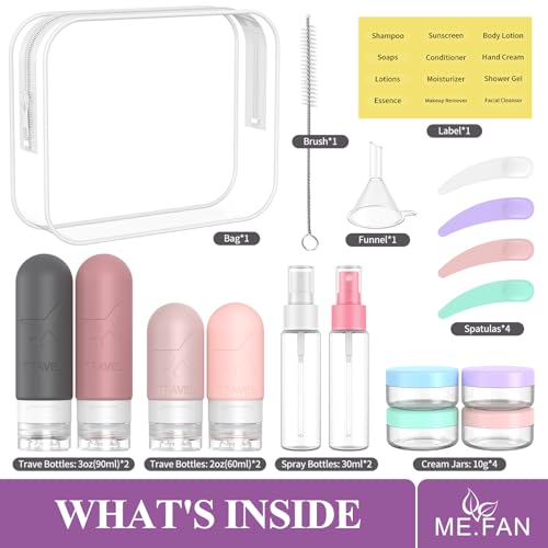 ME.FAN Travel Bottles for Toiletries, 18 Pack TSA Approved Travel Size Containers Set, Silicone Squeezable Portable Split Bottle, Travel Accessories for Conditioner, Shampoo, Lotion - Pink - color: Pink